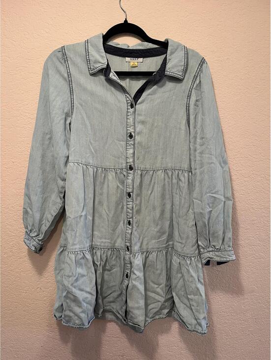 SERRA Dresses & Skirts - SERRA Light Blue Tiered Button-Front Denim Shirt Dress Size S